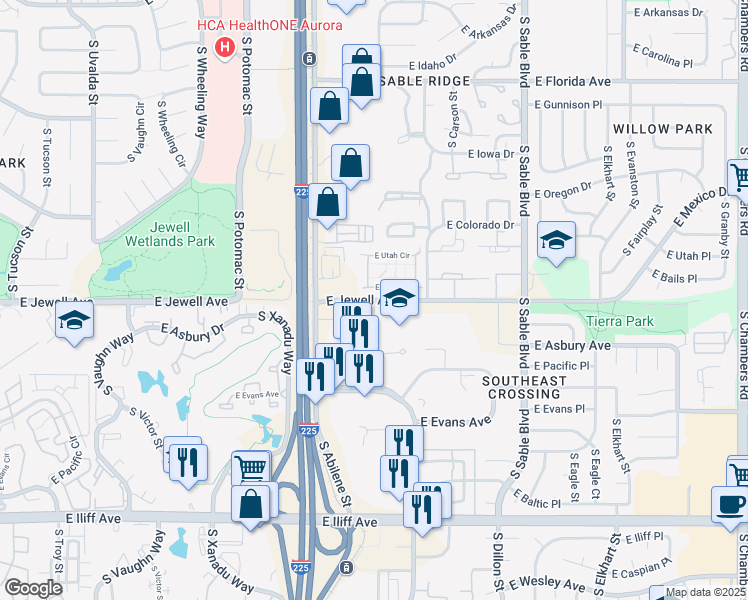 map of restaurants, bars, coffee shops, grocery stores, and more near South Blackhawk Street in Aurora