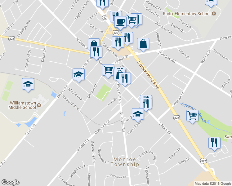 map of restaurants, bars, coffee shops, grocery stores, and more near 353 Blue Bell Road in Monroe Township
