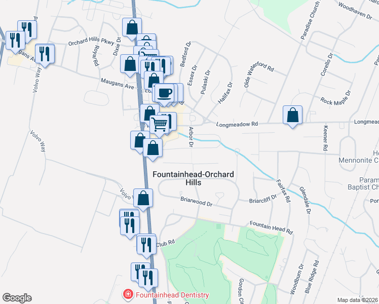 map of restaurants, bars, coffee shops, grocery stores, and more near 18725 Dover Drive in Hagerstown