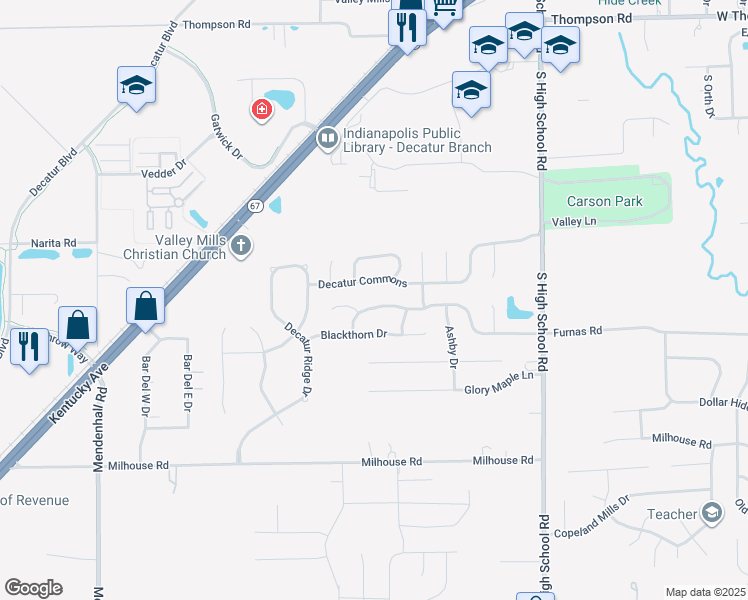 map of restaurants, bars, coffee shops, grocery stores, and more near 6657 Decatur Commons in Indianapolis