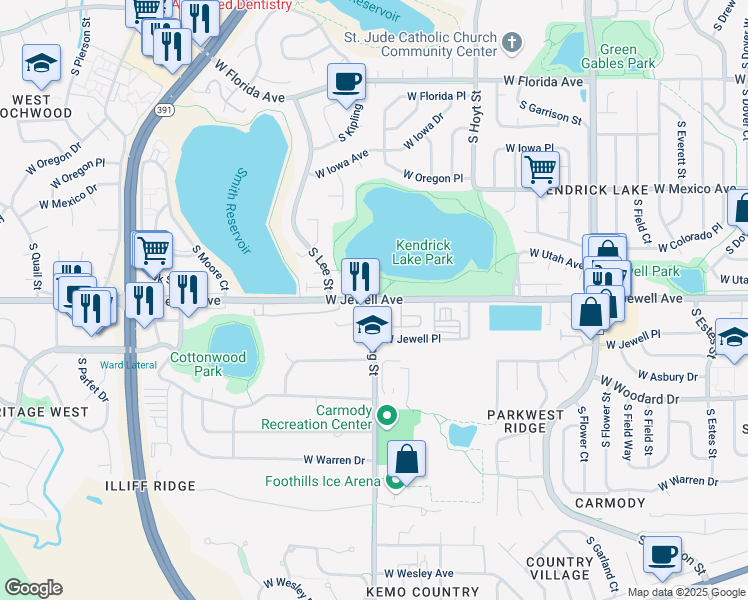 map of restaurants, bars, coffee shops, grocery stores, and more near West Jewell Avenue & South Kipling Street in Lakewood