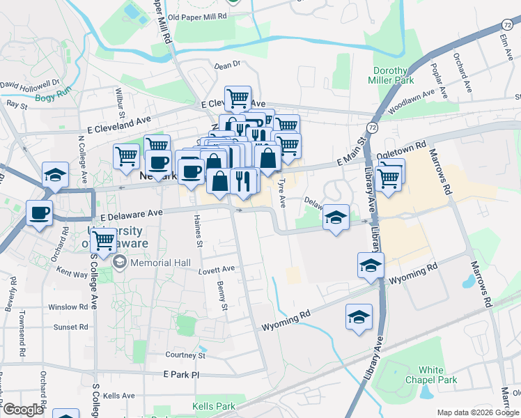 map of restaurants, bars, coffee shops, grocery stores, and more near 253 East Delaware Avenue in Newark
