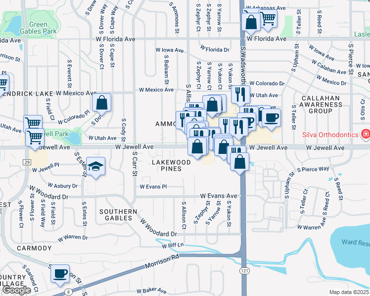 map of restaurants, bars, coffee shops, grocery stores, and more near 1868 South Ammons Street in Lakewood