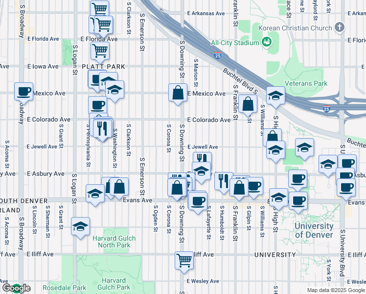 map of restaurants, bars, coffee shops, grocery stores, and more near 1900 South Downing Street in Denver