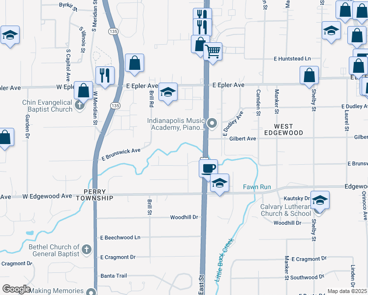 map of restaurants, bars, coffee shops, grocery stores, and more near 5800 Ransdell Street in Indianapolis