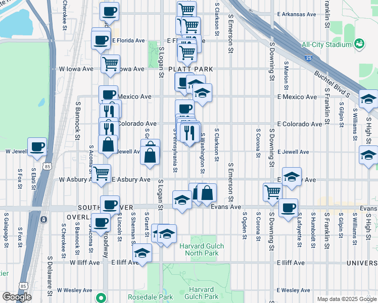 map of restaurants, bars, coffee shops, grocery stores, and more near Pearl Street in Denver