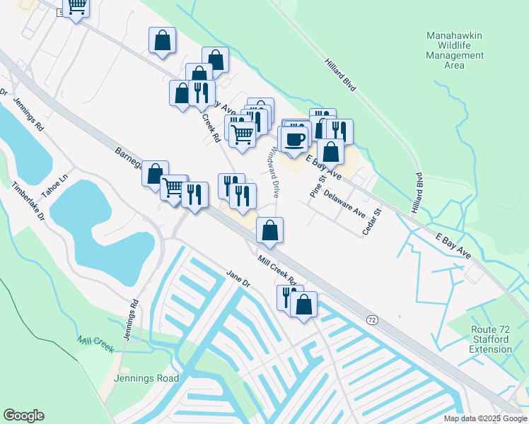 map of restaurants, bars, coffee shops, grocery stores, and more near 2 Sea Breeze Court in Stafford Township