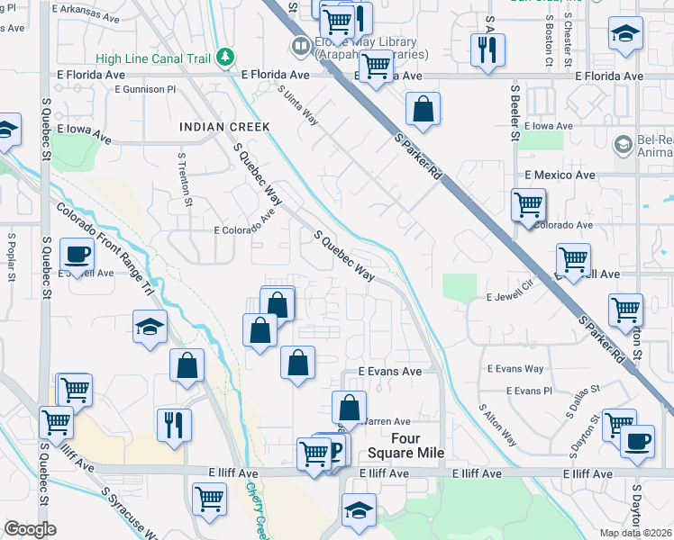 map of restaurants, bars, coffee shops, grocery stores, and more near 8301 East Jewell Avenue in Denver