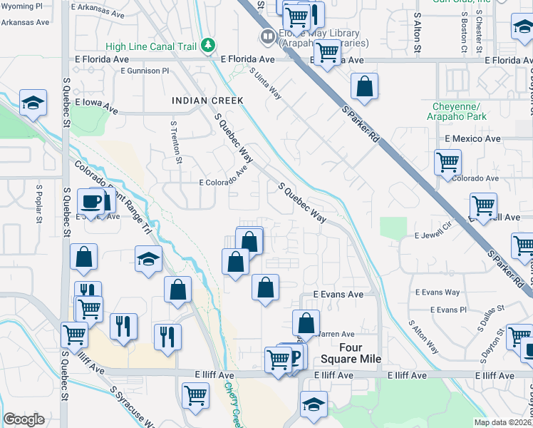 map of restaurants, bars, coffee shops, grocery stores, and more near 1811 South Quebec Way in Denver