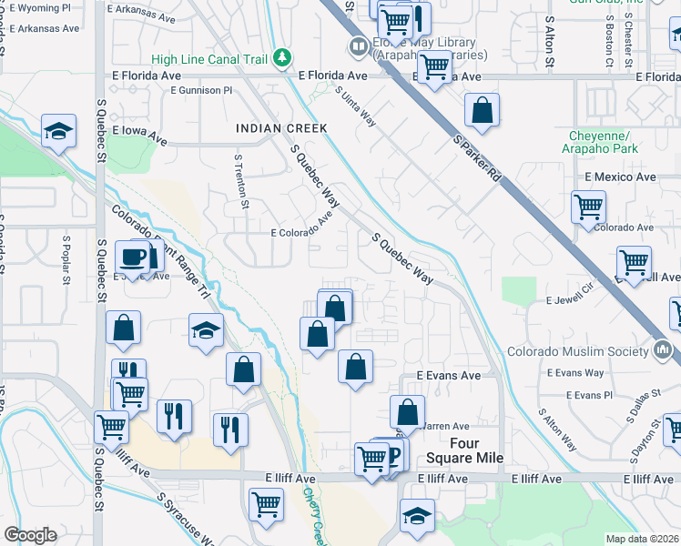 map of restaurants, bars, coffee shops, grocery stores, and more near 1811 South Quebec Way in Denver