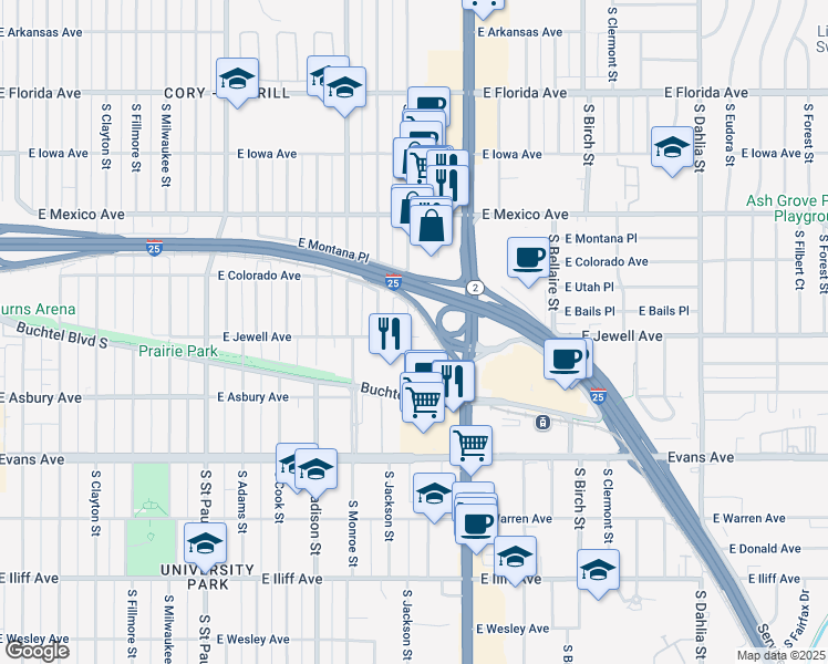 map of restaurants, bars, coffee shops, grocery stores, and more near 1871 South Jackson Street in Denver