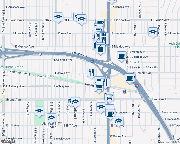 map of restaurants, bars, coffee shops, grocery stores, and more near 1875 South Garfield Street in Denver