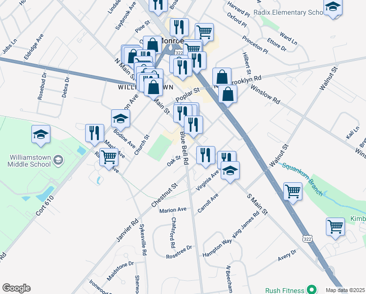 map of restaurants, bars, coffee shops, grocery stores, and more near 335 Blue Bell Road in Monroe