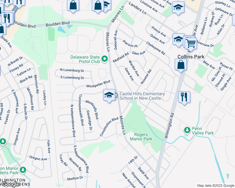 map of restaurants, bars, coffee shops, grocery stores, and more near 602 Moores Lane in New Castle