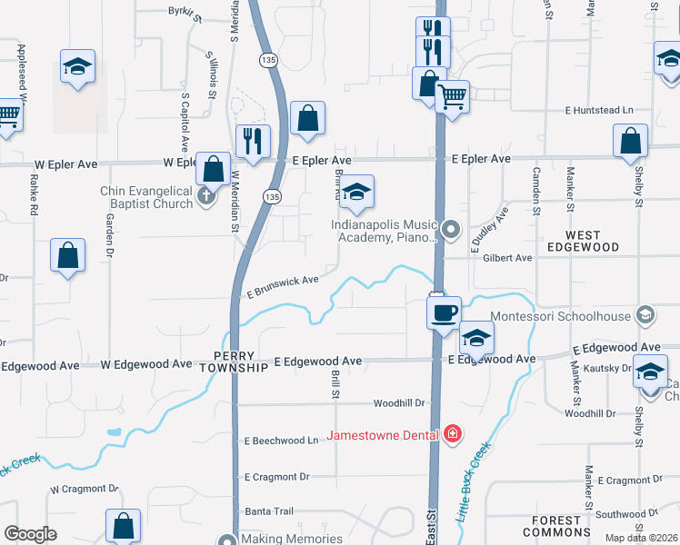 map of restaurants, bars, coffee shops, grocery stores, and more near 250 East Brunswick Avenue in Indianapolis