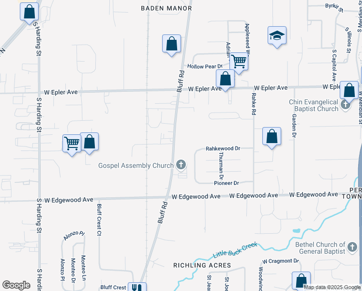 map of restaurants, bars, coffee shops, grocery stores, and more near 5701 Bluff Road in Indianapolis