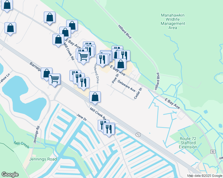 map of restaurants, bars, coffee shops, grocery stores, and more near 762 Pennsylvania Avenue in Stafford Township