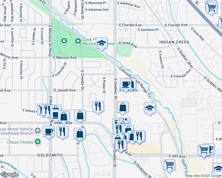 map of restaurants, bars, coffee shops, grocery stores, and more near 7210 East Colorado Avenue in Denver