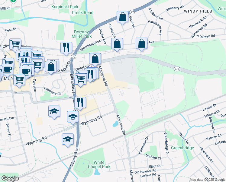 map of restaurants, bars, coffee shops, grocery stores, and more near 1344 Marrows Road in Newark