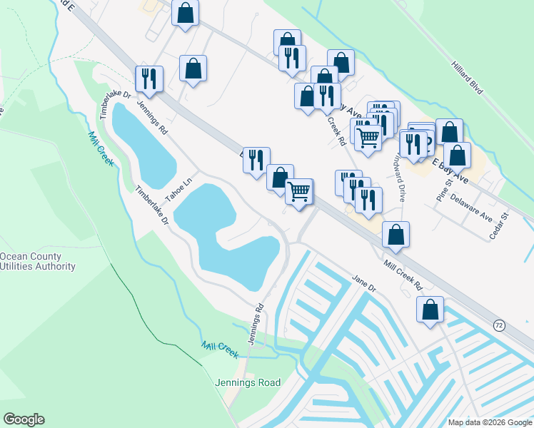 map of restaurants, bars, coffee shops, grocery stores, and more near 247 Jennings Road in Stafford Township