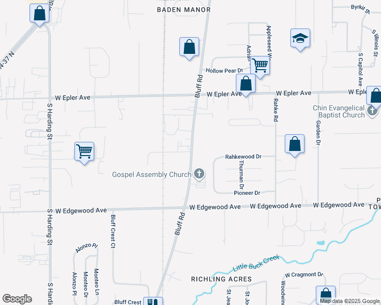 map of restaurants, bars, coffee shops, grocery stores, and more near 5712 Bluff Road in Indianapolis