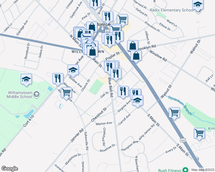 map of restaurants, bars, coffee shops, grocery stores, and more near 343 Blue Bell Road in Monroe