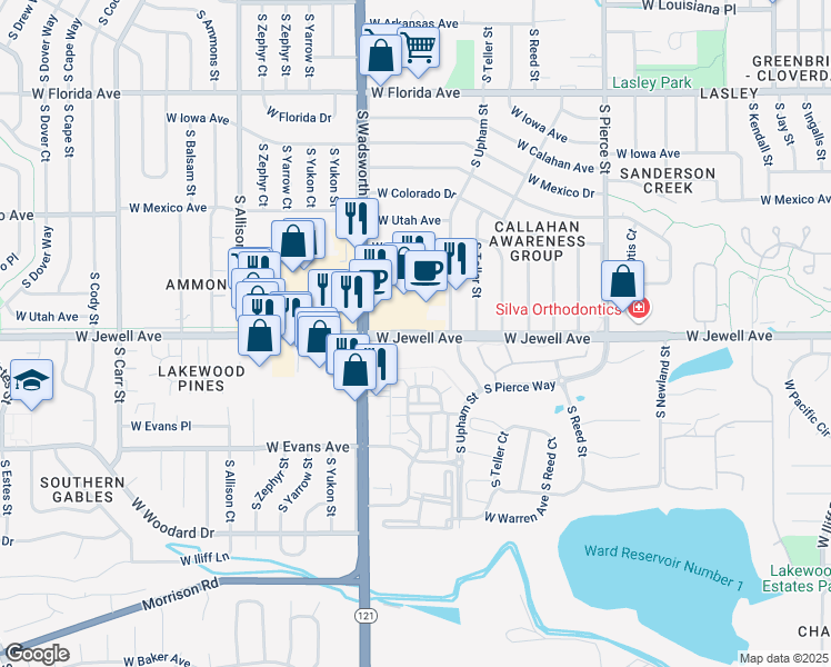 map of restaurants, bars, coffee shops, grocery stores, and more near 7387 West Jewell Avenue in Lakewood
