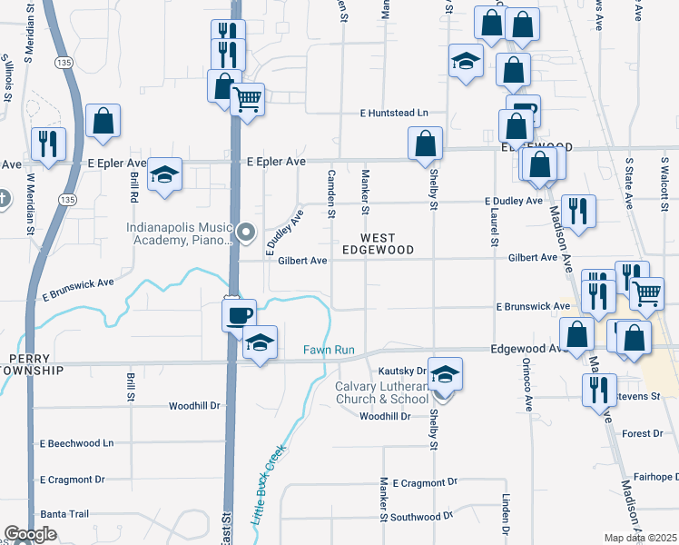 map of restaurants, bars, coffee shops, grocery stores, and more near 5415 Camden Street in Indianapolis