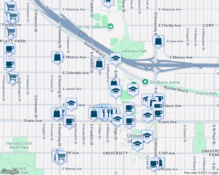 map of restaurants, bars, coffee shops, grocery stores, and more near 1869 South High Street in Denver