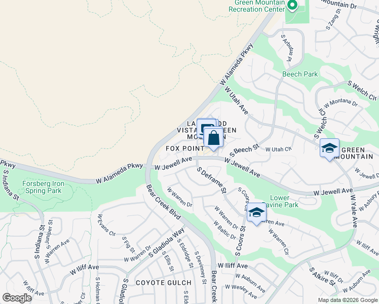map of restaurants, bars, coffee shops, grocery stores, and more near 1777 South Deframe Street in Lakewood