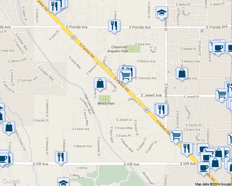 map of restaurants, bars, coffee shops, grocery stores, and more near 1871 South Parker Road in Denver