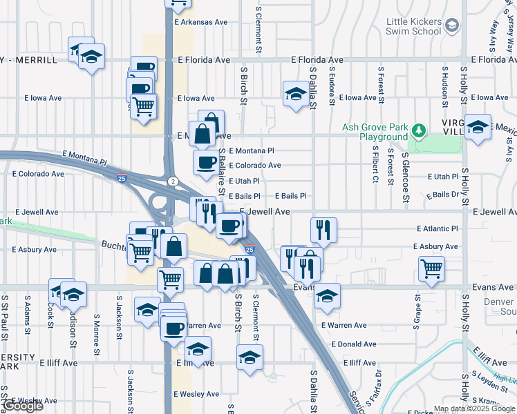 map of restaurants, bars, coffee shops, grocery stores, and more near 4441 East Jewell Avenue in Denver