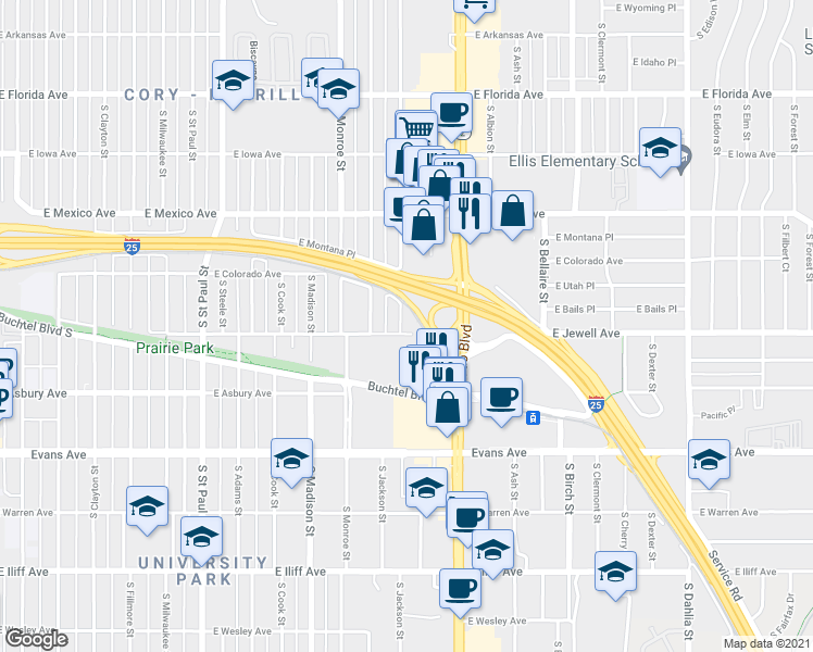 map of restaurants, bars, coffee shops, grocery stores, and more near 1871 South Jackson Street in Denver
