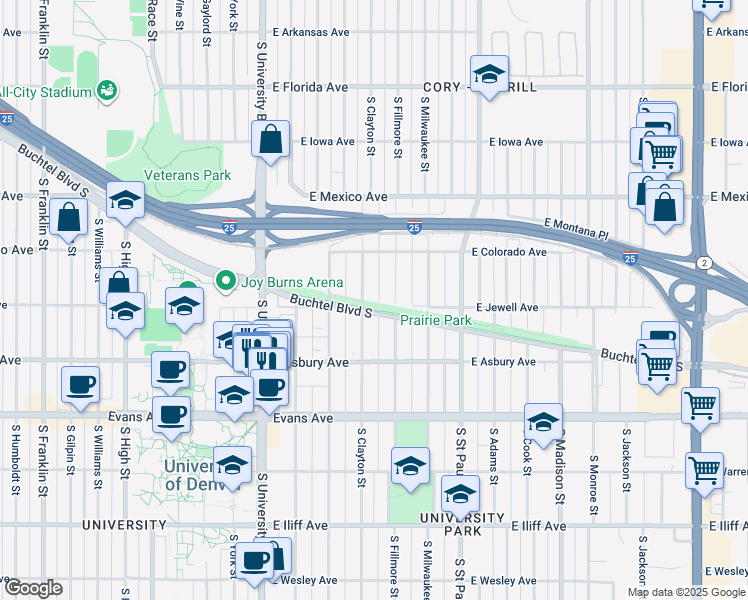 map of restaurants, bars, coffee shops, grocery stores, and more near 1874 South Clayton Street in Denver