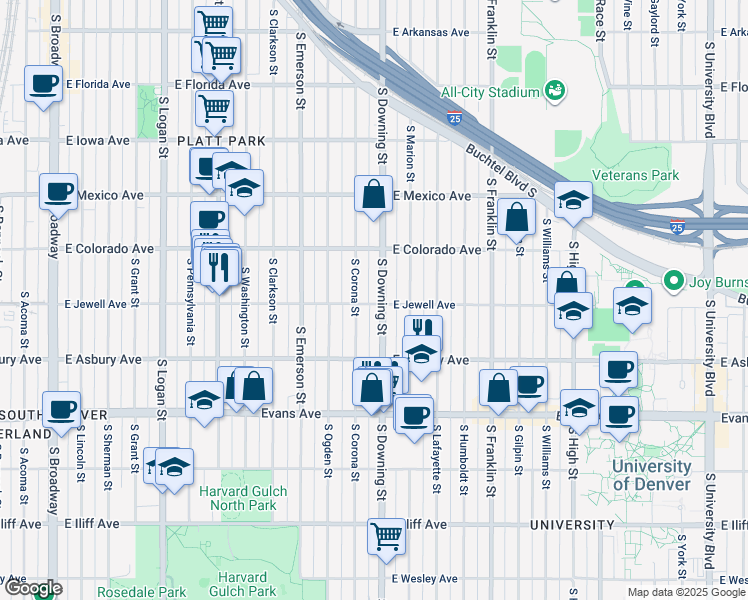 map of restaurants, bars, coffee shops, grocery stores, and more near 1884 South Corona Street in Denver