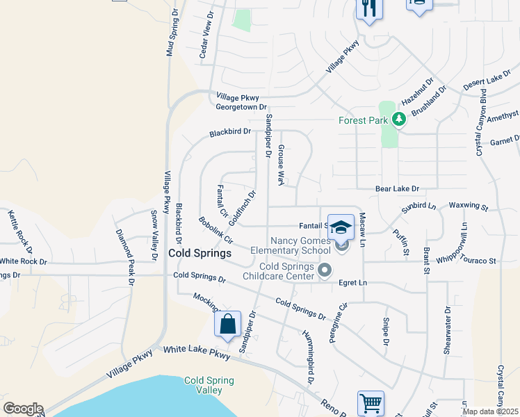 map of restaurants, bars, coffee shops, grocery stores, and more near 3985 Sandpiper Drive in Reno