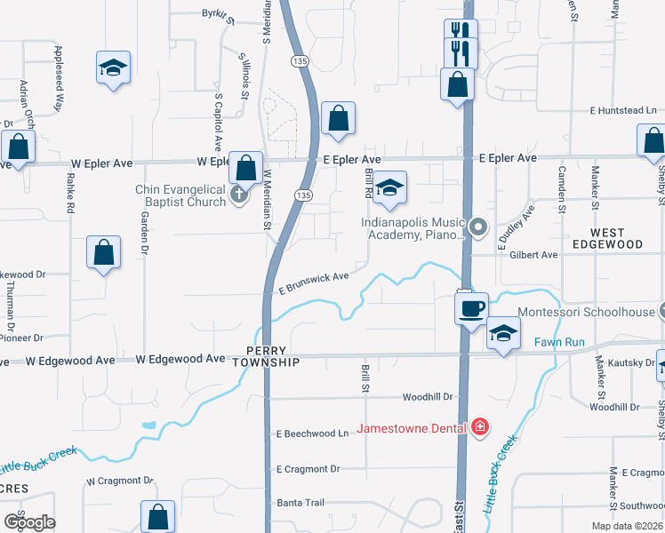 map of restaurants, bars, coffee shops, grocery stores, and more near 134 East Brunswick Avenue in Indianapolis