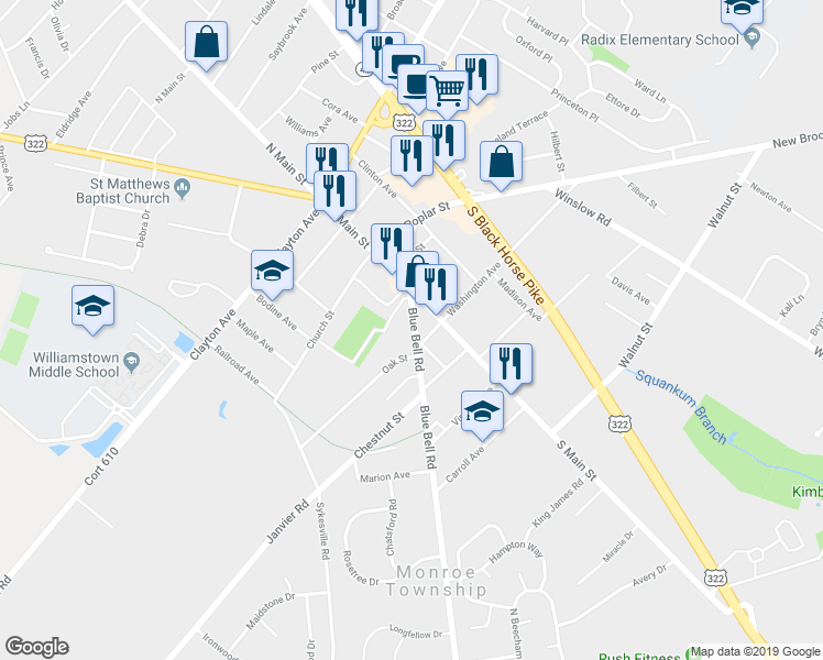 map of restaurants, bars, coffee shops, grocery stores, and more near 343 Blue Bell Road in Monroe