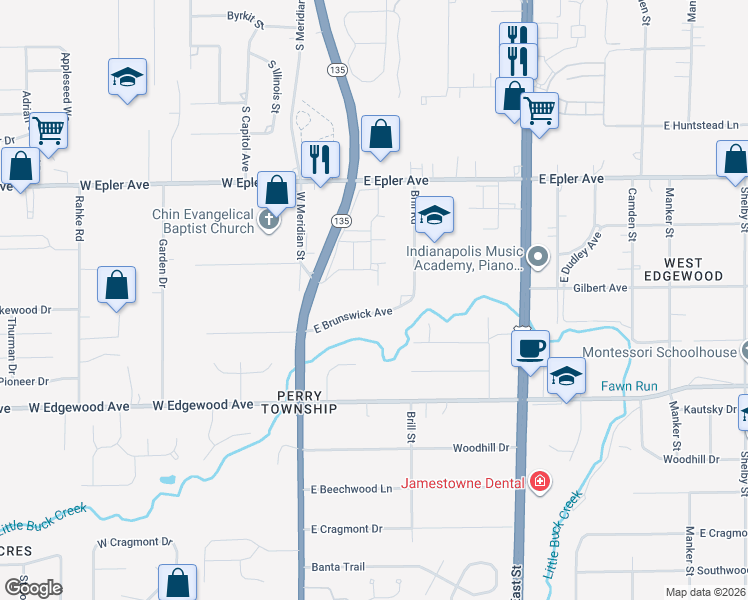 map of restaurants, bars, coffee shops, grocery stores, and more near 134 East Brunswick Avenue in Indianapolis