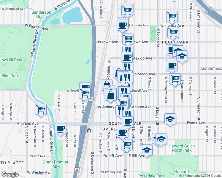 map of restaurants, bars, coffee shops, grocery stores, and more near 1898 South Bannock Street in Denver