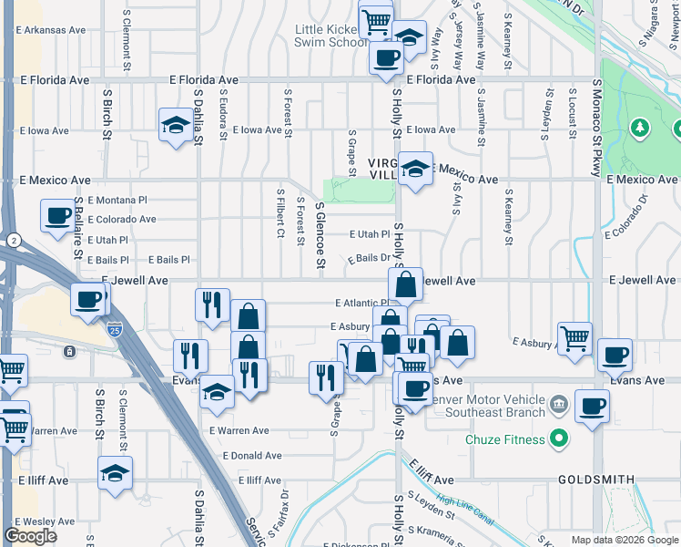 map of restaurants, bars, coffee shops, grocery stores, and more near 5385 East Bails Drive in Denver