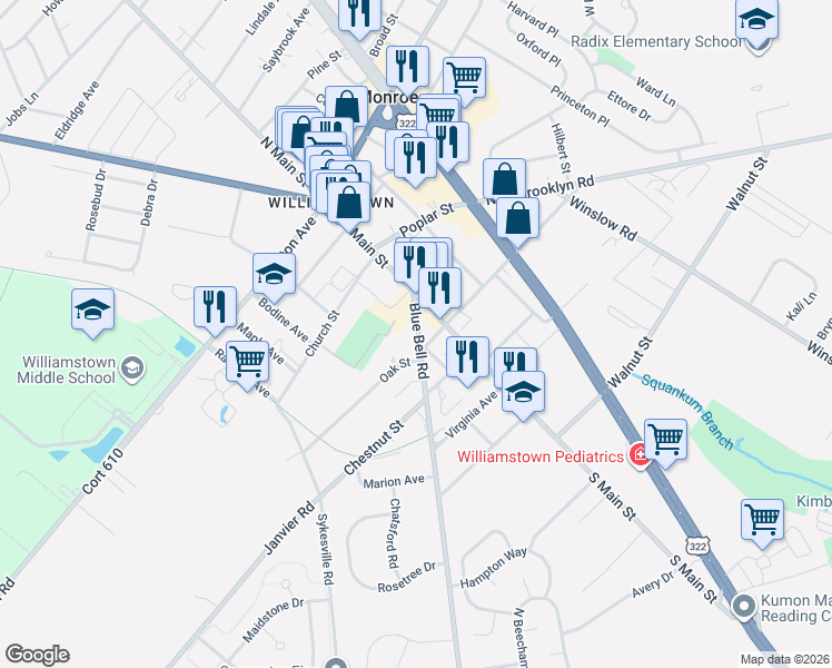 map of restaurants, bars, coffee shops, grocery stores, and more near 335 Blue Bell Road in Monroe