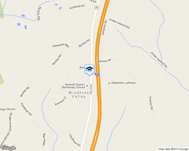 map of restaurants, bars, coffee shops, grocery stores, and more near 20307 York Road in Parkton