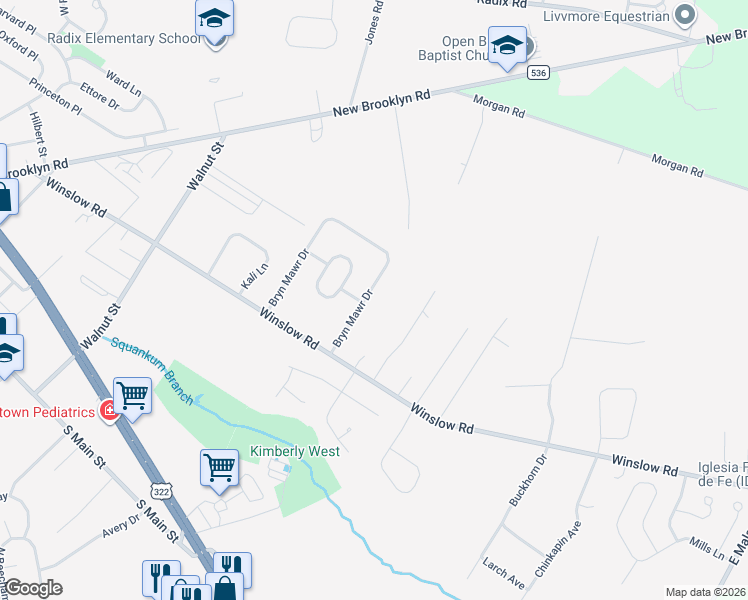 map of restaurants, bars, coffee shops, grocery stores, and more near 377 Bryn Mawr Drive in Monroe Township