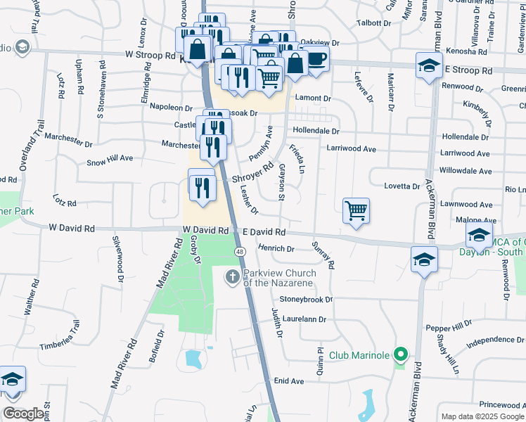 map of restaurants, bars, coffee shops, grocery stores, and more near 301 Lesher Drive in Dayton