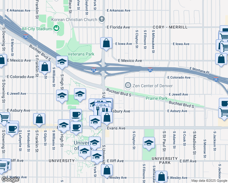 map of restaurants, bars, coffee shops, grocery stores, and more near Buchtel Blvd & S Josephine St in Denver