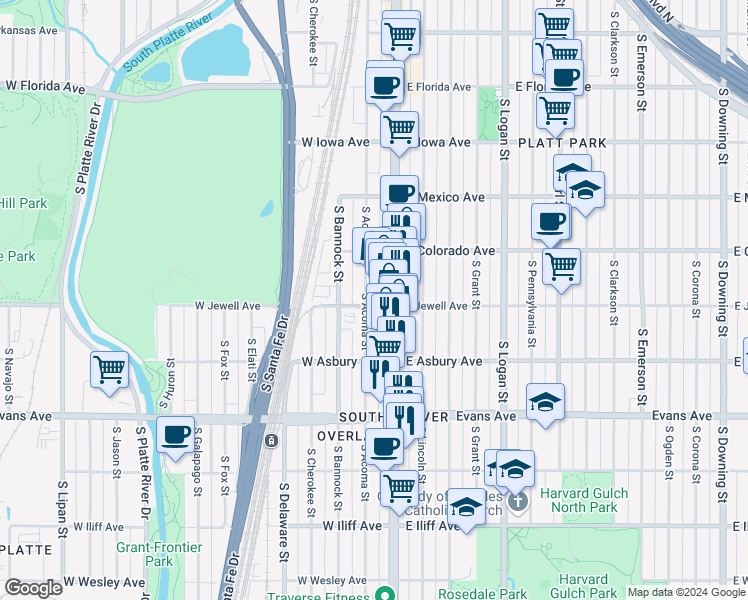 map of restaurants, bars, coffee shops, grocery stores, and more near 1877 South Broadway in Denver