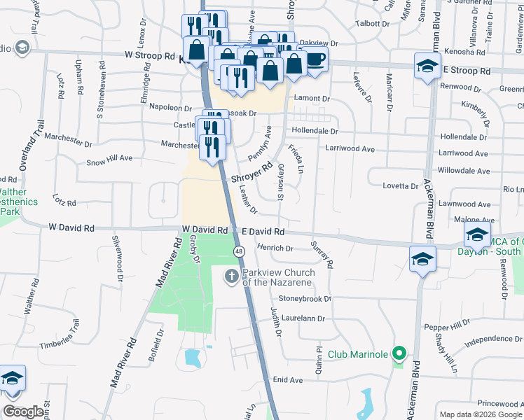 map of restaurants, bars, coffee shops, grocery stores, and more near 301 Lesher Drive in Dayton