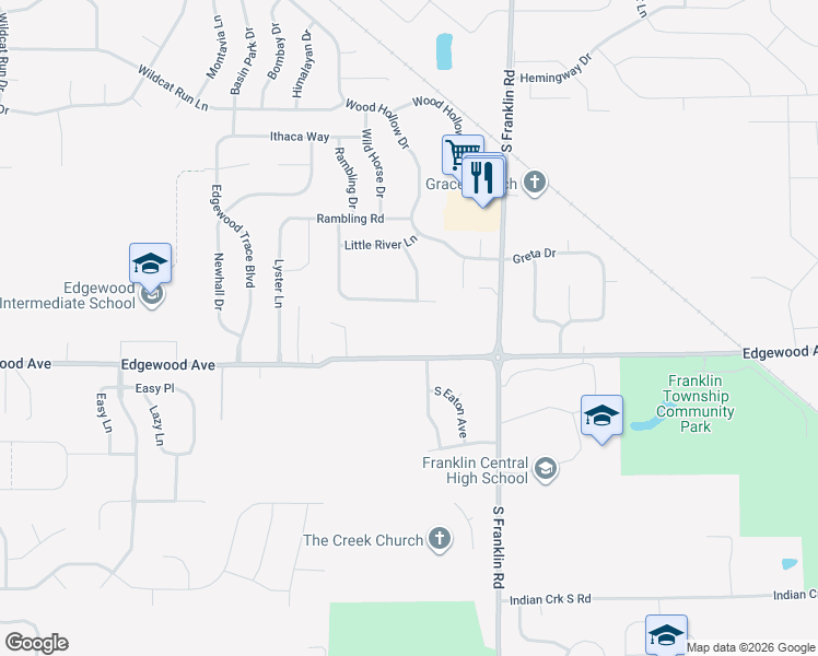 map of restaurants, bars, coffee shops, grocery stores, and more near 8146 East Edgewood Avenue in Indianapolis