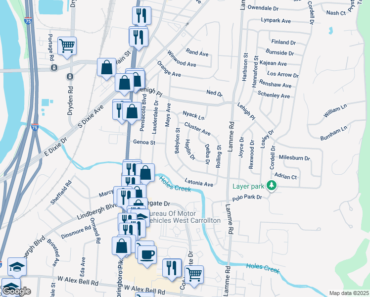 map of restaurants, bars, coffee shops, grocery stores, and more near 4771 Haplin Drive in Dayton